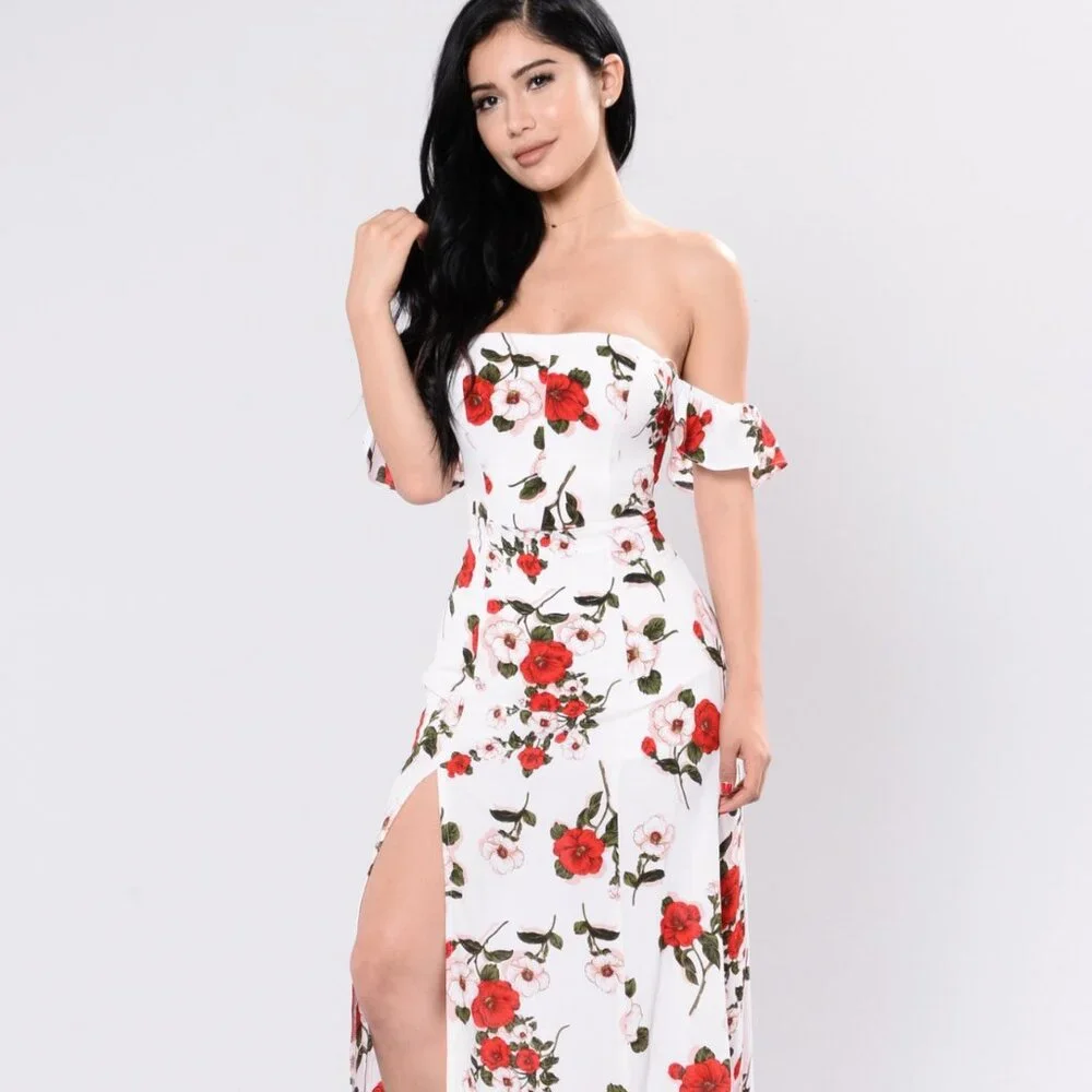 Off Shoulder Floral Maxi Dress with Side Slit - Picture 1 of 3